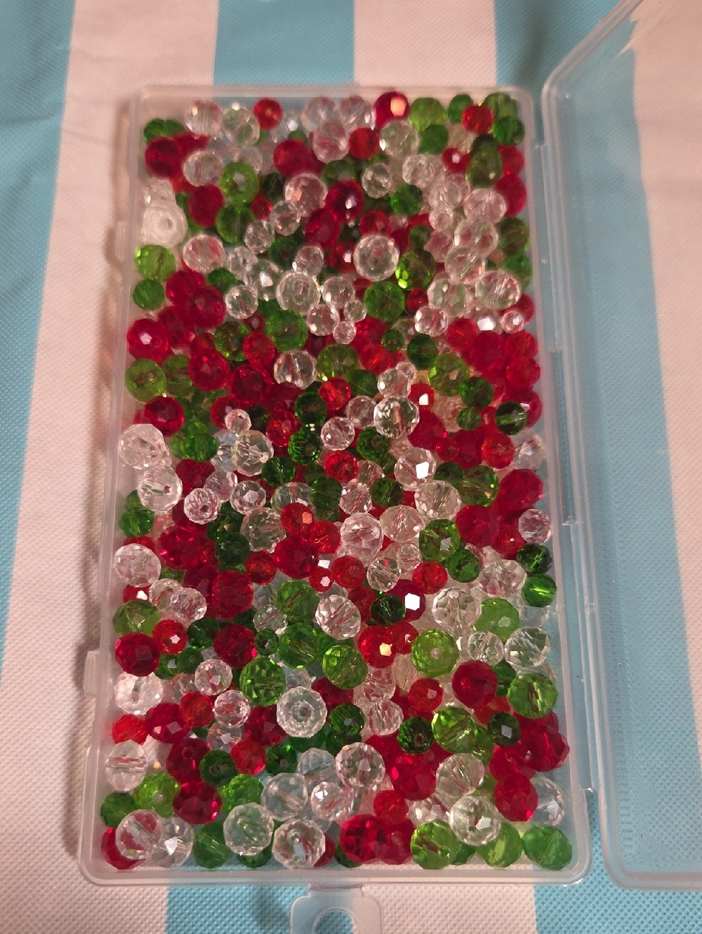 Bead Lot 6 Crystals In A Box. Clear with Red, Green, and Clear Decorative Beads